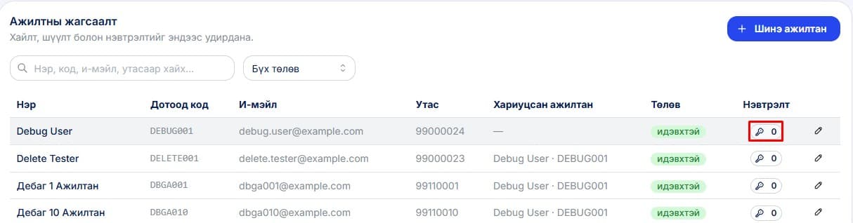 Ажилчдын бүртгэлээс нэвтрэх код үүсгэх хэсгийг нээнэ.