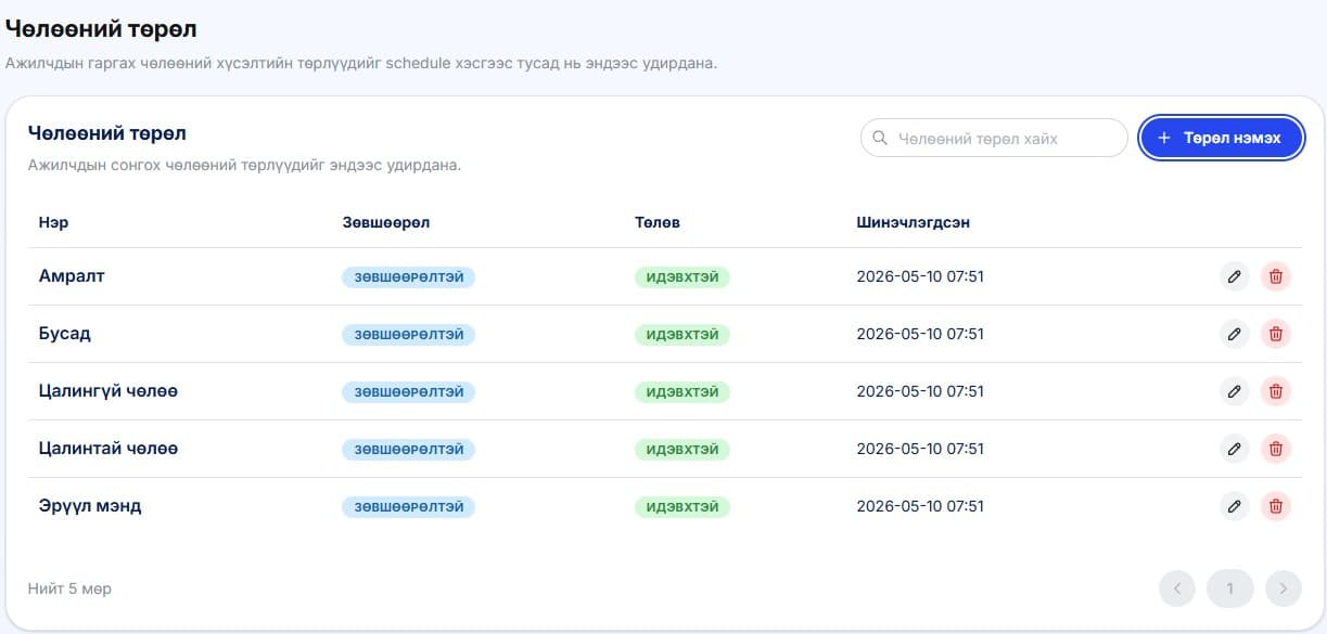 Чөлөөний төрлийн тохиргоог дээрх байдлаар хийж өгөх боломжтой.